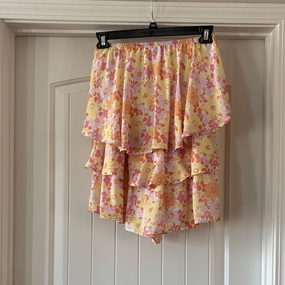 Floral Layered Strapless Romper in Yellow and Pink